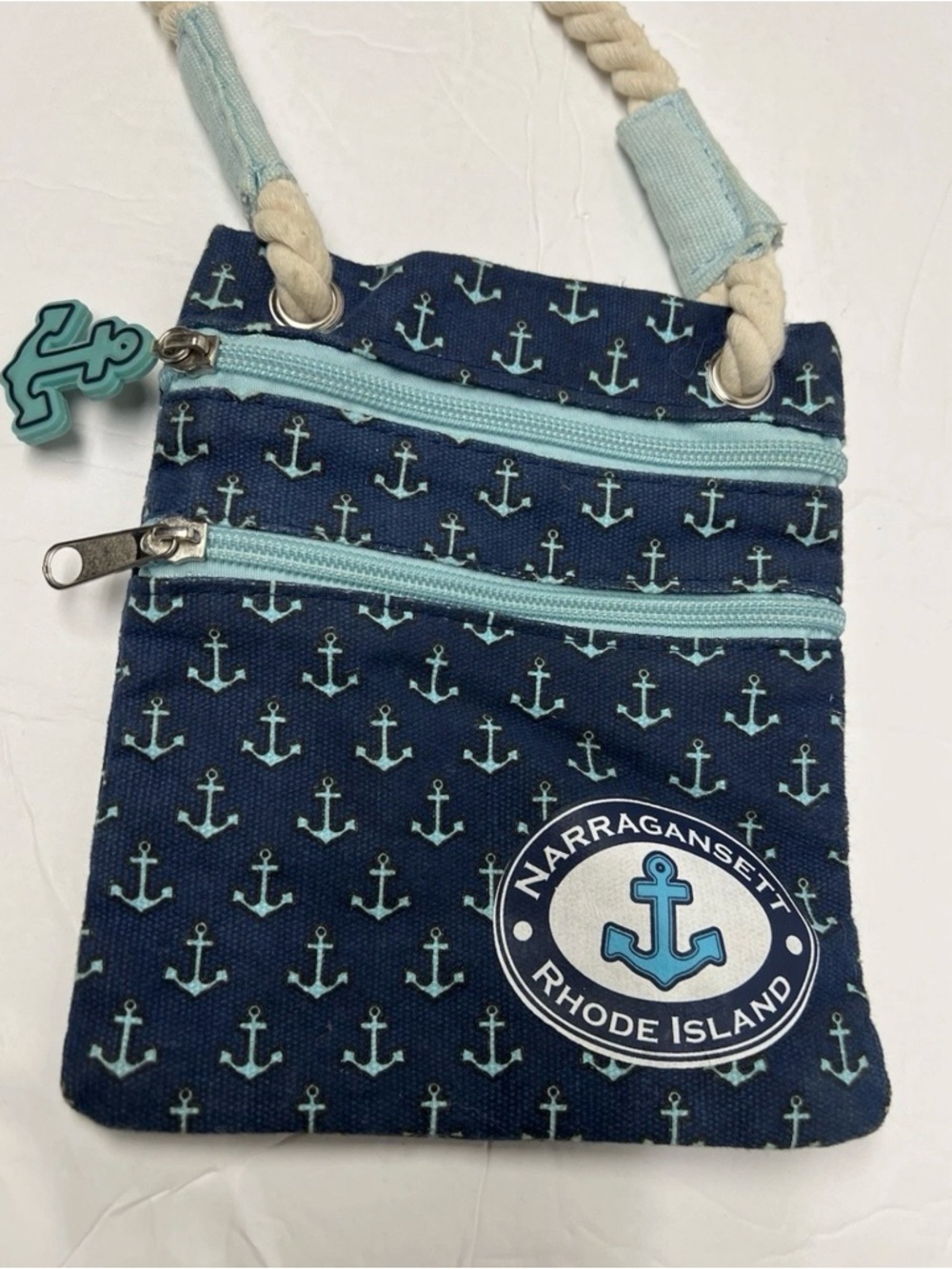 Narragansett RI Mini Zip Blue Crossbody Bag Double Zip Anchor Pattern Rope Strap